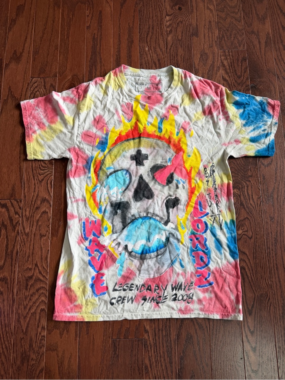 Pink Dolphin White Tie-Dye Skull Graphic Tee with Blue, Pink & Yellow